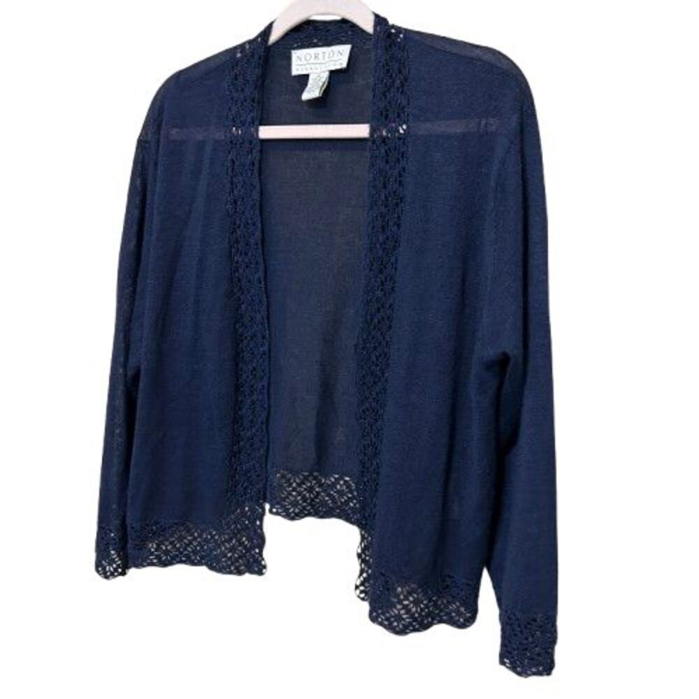 VTG Norton McNaughton Open Front Cardigan Sweater XL Navy Blue Crochet Coastal - Picture 2 of 5